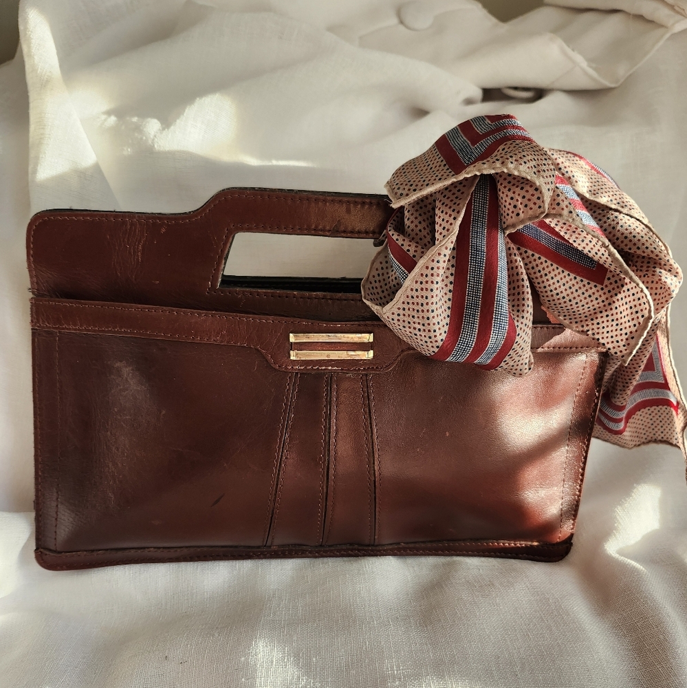 Vintage Unbranded Very Good Burgundy Brown Clutch & Silk Sacha Scarf, $39